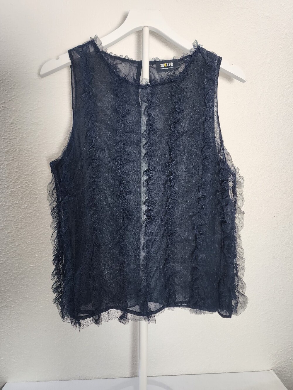Maeve Anthropologie Ruffled Tulle Tank Navy Swiss Dot Mesh Sleeveless Top M - Picture 3 of 8